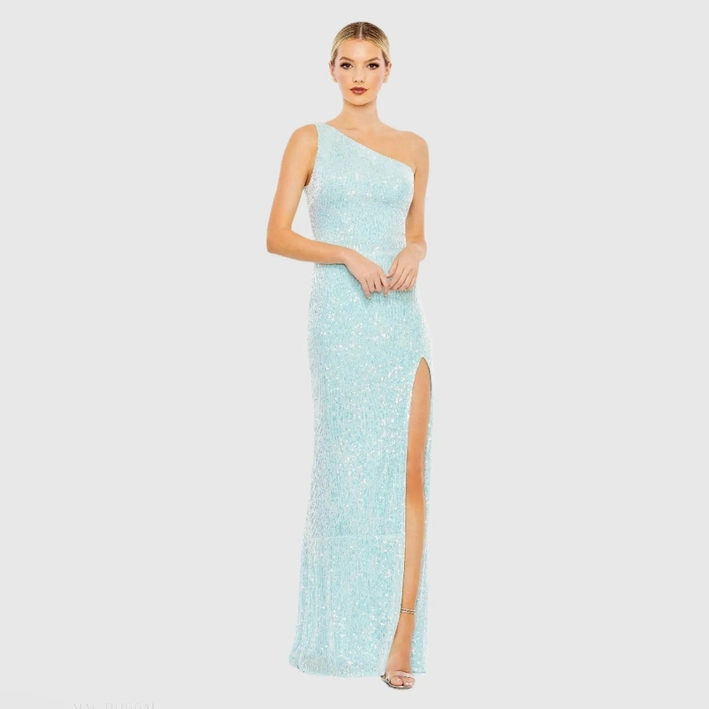 Ieena For Mac Duggal Ice Blue Sequined One Shoulder Draped Back Gown